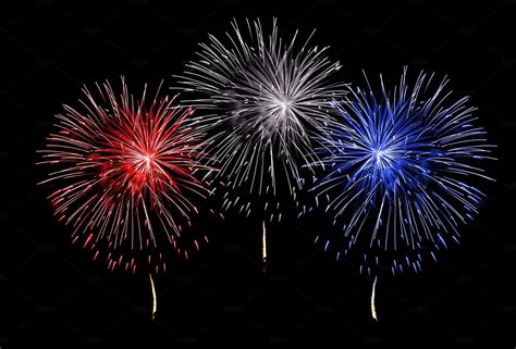 Step Up Your Fourth of July Celebration with Stunning Red, White and Blue Fireworks on a Dramatic White Background